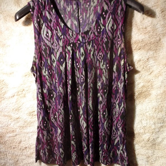 Roz & Ali black stretchy top with purple & pink geometric design 1X - Picture 1 of 5
